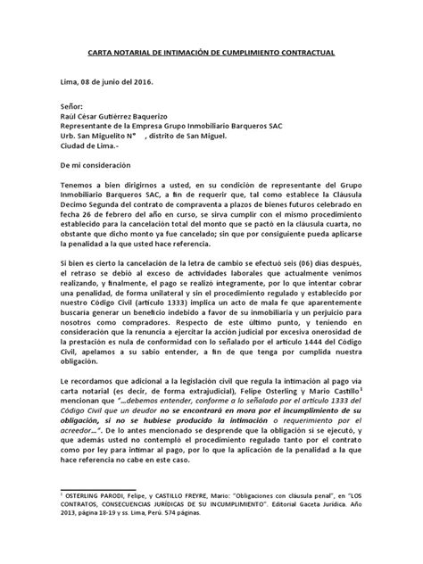 Carta Notarial De Intimación De Cumplimiento Contractual Pdf