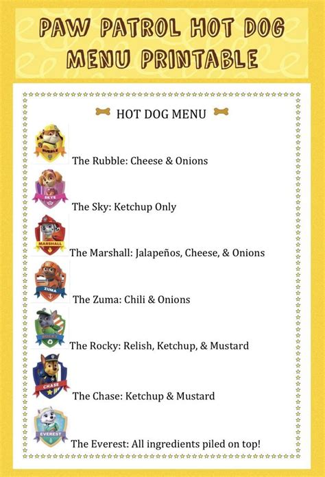 Paw Patrol Food Ideas Hot Dog Menu Printable Paw Patrol Party