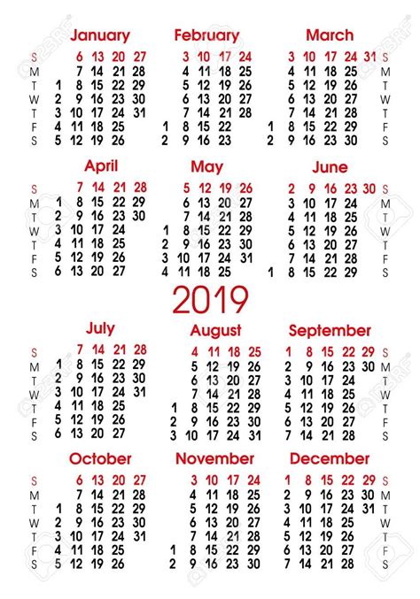 Calendar Grid 2019 Vertical Alignment Of Numbers Sunday Saturday