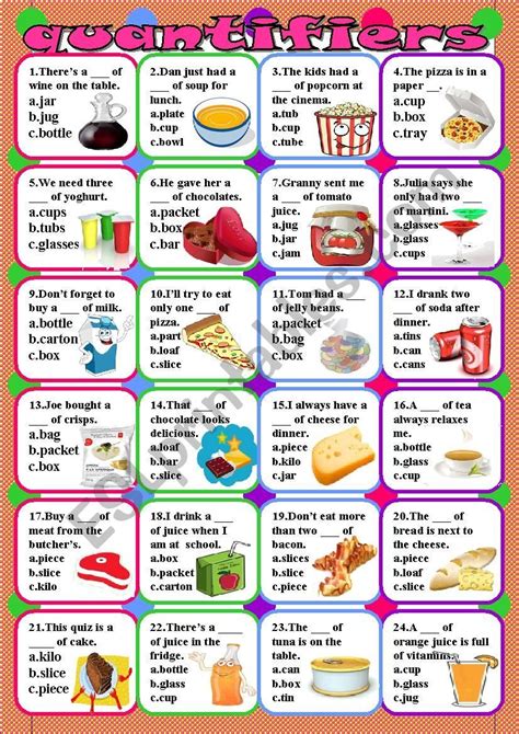 We use quantifiers before a noun, an article or a determiner to talk about quantity and amount. quantifiers worksheet | English grammar, Esl worksheets ...