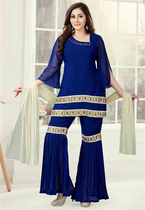 People wait years to celebrate their loved ones' wedding the way. Embroidered Georgette Pakistani Suit in Royal Blue : KES345
