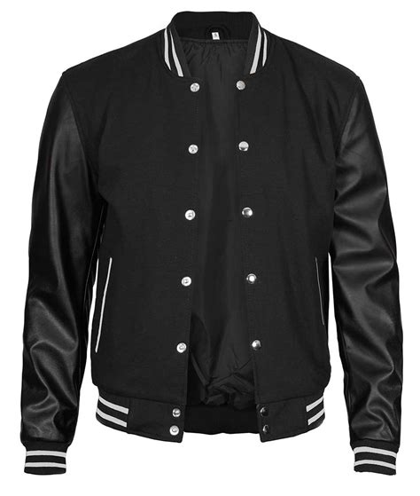 Black Varsity Jacket Leather Sleeves For Men