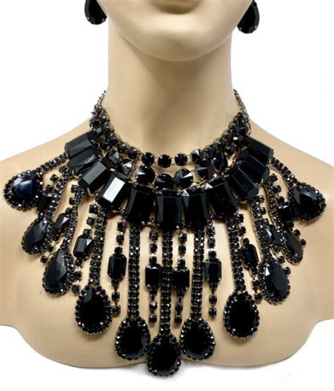Luxurious Bib Cleopatra Necklace Earrings Black Acrylic Rhinestones