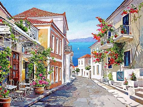 Greekislandstownsgalaxidi Watercolor Landscape Watercolor