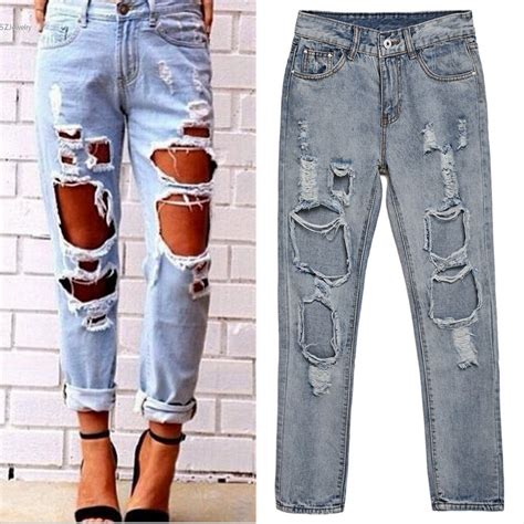 Calsas Ripped Jeans For Women Baggy Light Blue Denim Jeans With Holes