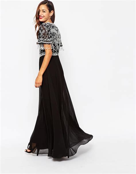 Asos Beautiful Embellished Maxi Dress With Sequin Fringe Sleeves In Black Lyst