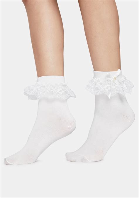 Crew Socks With Sheer Ruffles And Ribbon White Dolls Kill