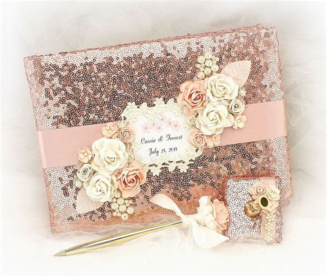 Wedding Guest Book Rose Gold Blush Sequin Personalized Book For Guests