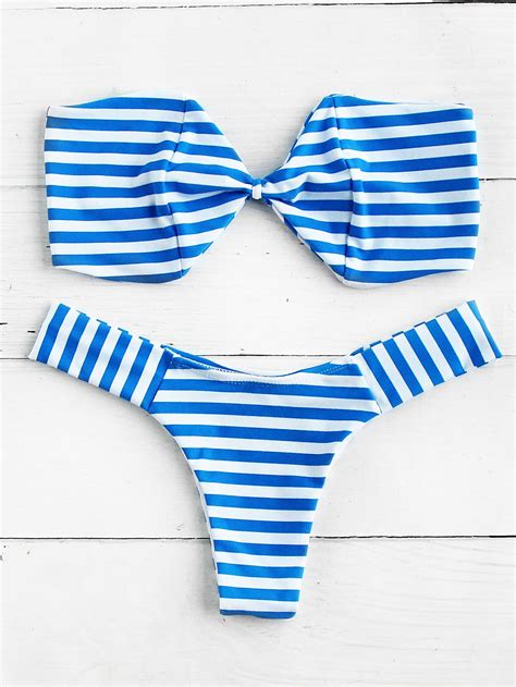 Shop Striped High Leg Bandeau Bikini Set Online Shein Offers Striped