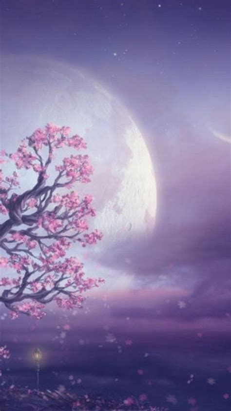 Fairy Pink Tree Big Moon On The Purple Sky Magic Night