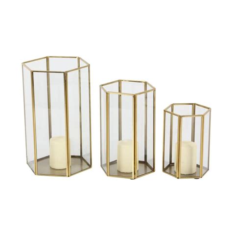 Cosmoliving By Cosmopolitan Gold Glass Pillar Candle Lantern With Metal Plate Set Of 3 57378
