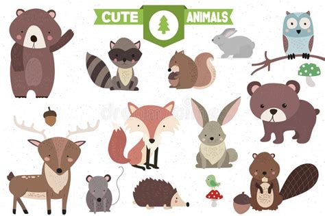 Collection Set Of Watercolor Cute Forest Animals Illustrations Stock