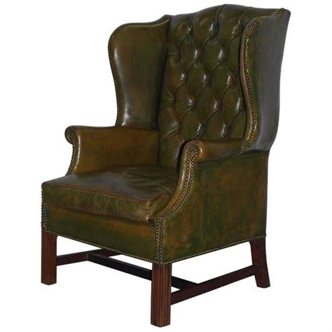 Georgian Chesterfield Aged Green Leather Wingback Fireside Armchair