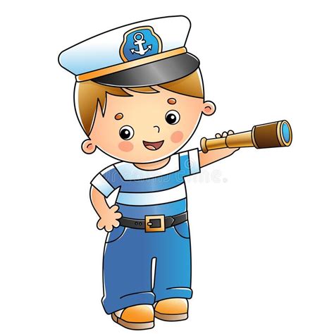 Cartoon Sailor Or Seaman With Steering Wheel Or Helm Profession Stock