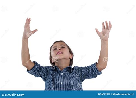 Cute Boy Standing With Hands Raised Stock Image Image Of Checkered
