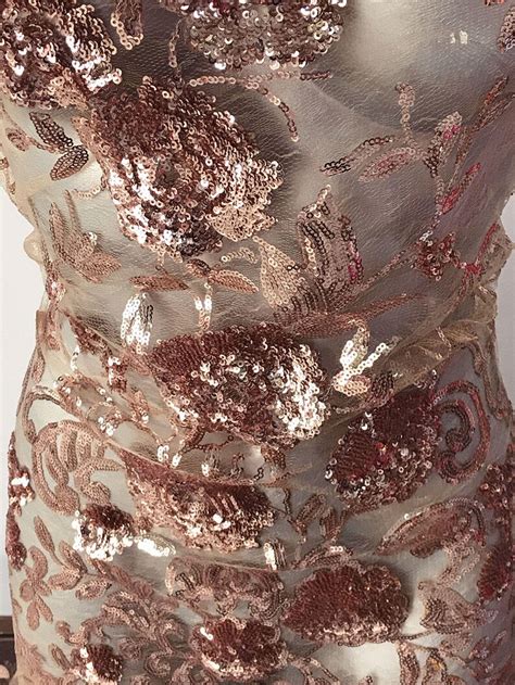Pink Rose Gold Beaded Lace Fabric Nude Tulle Embroidered With Etsy
