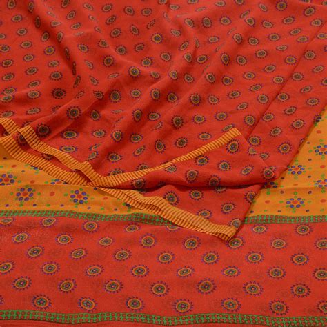 Vintage Sari 100 Pure Georgette Silk Peach Sarees Printed 5yd Craft