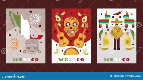 Mexican Touristic Attractions Symbols Isometric Map Cartoon Vector