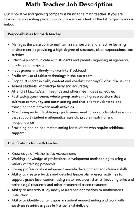 Math Teacher Job Description Velvet Jobs