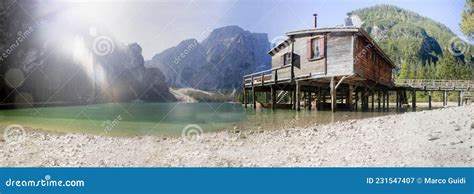 Panoramic View Of The Stilt House On Lake Braies Dolomites Italy Stock