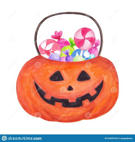 Trick Or Treat Bag Watercolor Halloween Item Pumpkin With Candies Stock