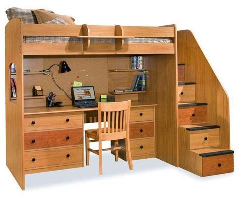 This Light Natural Wood Loft Bed Features A Full Set Of Stairs With