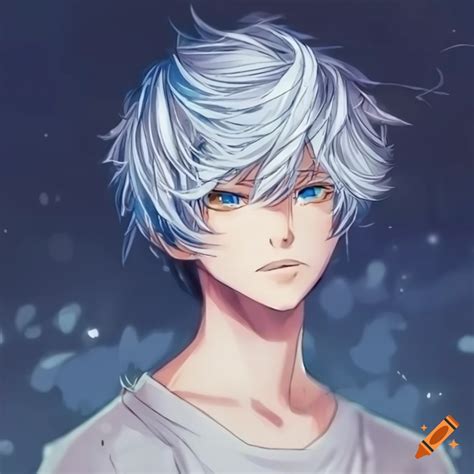 Anime Male Character With Indigo And White Hair And Blue And Gold Eyes