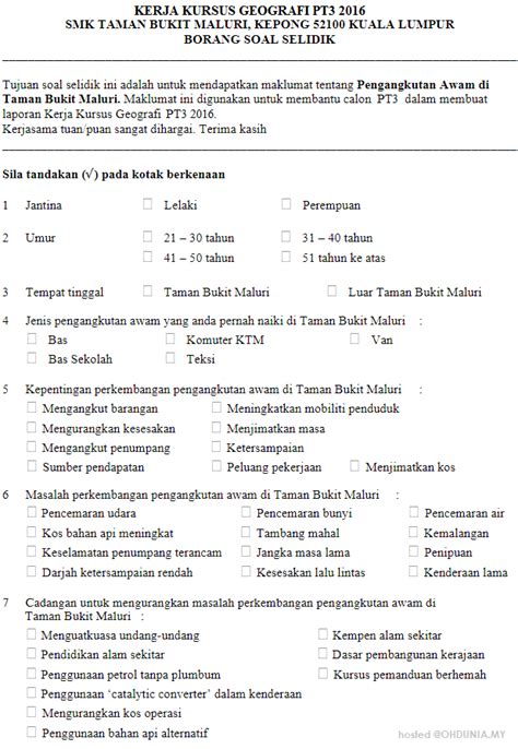 Borang Soal Selidik Keselamatan Di Tempat Kerja