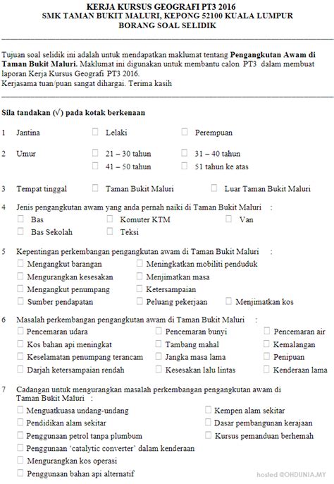 Borang Soal Selidik Kerja Lapangan Geografi Tingkatan Contoh Hot Sex