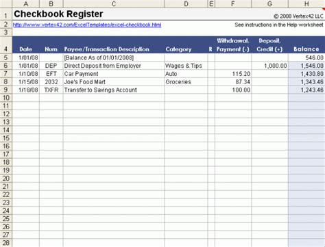 Excel Checkbook Register Free Download Aashe