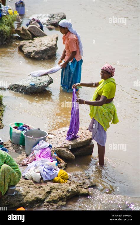 Women Washing Clothes In A River Tamil Nadu India Stock Photo Alamy