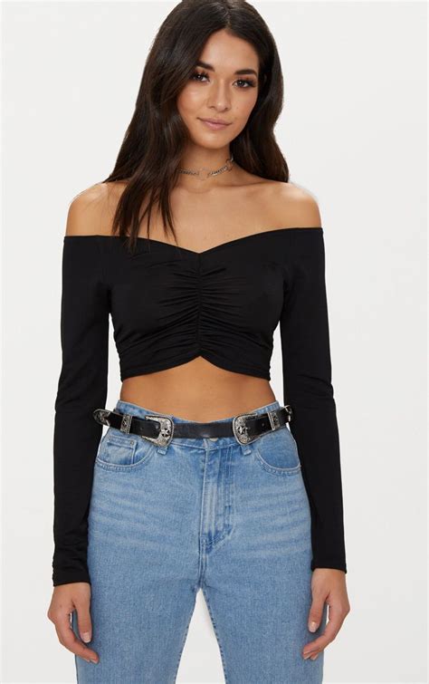 Black Slinky Ruched Front Long Sleeve Crop Top Every Girl Needs This In