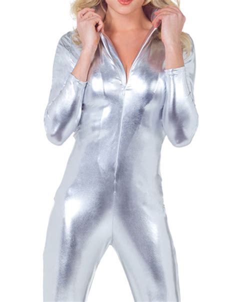 Sexy Shiny Silver Metallic Fetish Bodysuit Jumpsuit Catsuit Womens