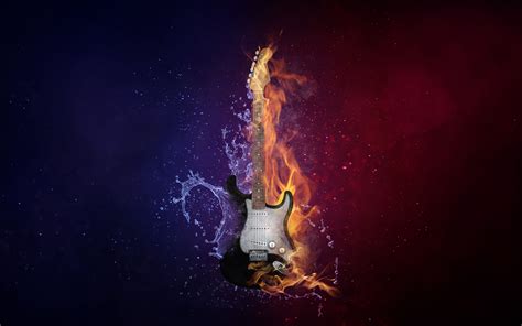 Download Wallpaper 3840x2400 Guitar Fire Water Music Photoshop 4k