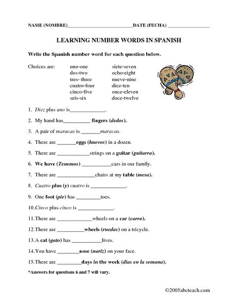 Spanish Number Words Worksheet For 6th 8th Grade Lesson Planet