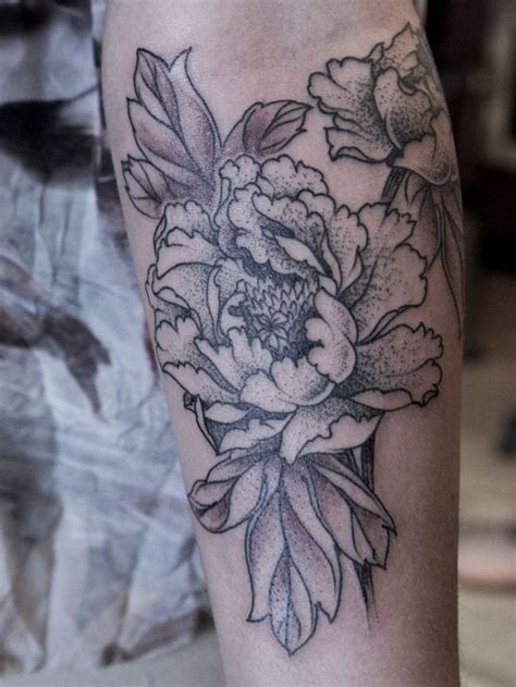 Black And White Peony Flowers Tattoo On Forearm Tattooimagesbiz