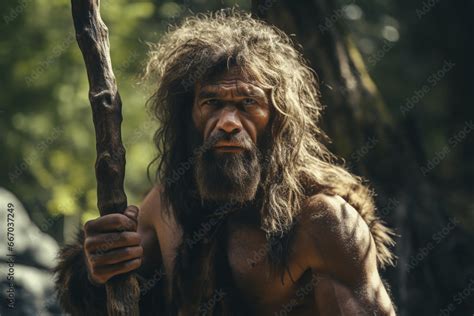 Primeval Caveman Wearing Animal Skin Holds Stone Tipped Spear Looks