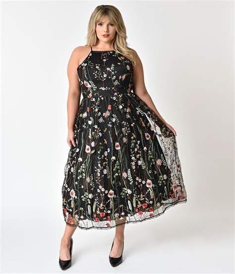 Plus Size Black And Floral Embroidered Mesh Swing Dress Unique Vintage