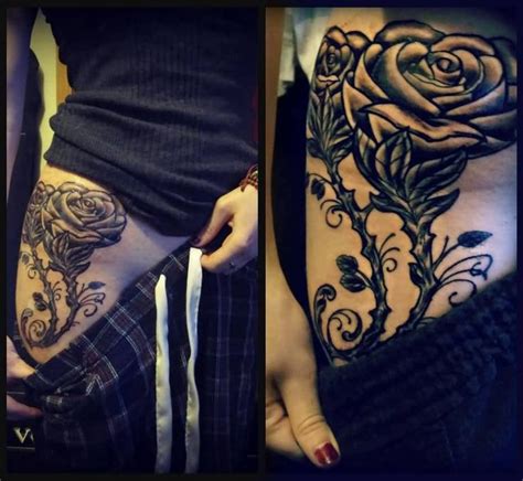 Classic Black Ink Roses Tattoo On Girl Right Hip Hip Tattoo Tattoos