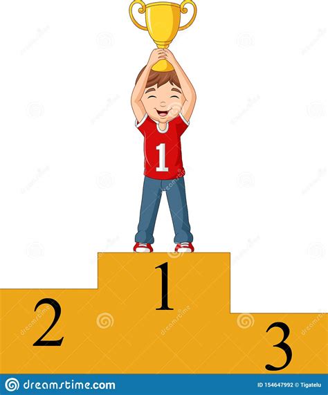 Cartoon Boy Standing On The Winning Podium Holding A Trophy Stock ...