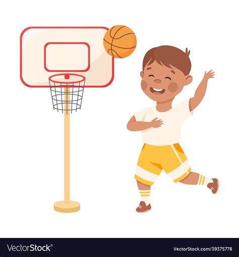 Cute Little Boy Throwing Ball In Basket Playing Vector Image