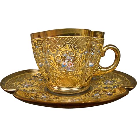 Moser Art Glass Quatrefoil Gilded Floral Enameled Cup Saucer Antique Signed Glass Tea Cups