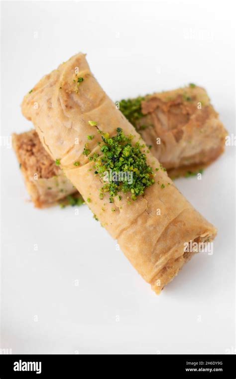 Fresh Homemade Baklava Roll With Pistachio Middle Eastern Sweet Dessert