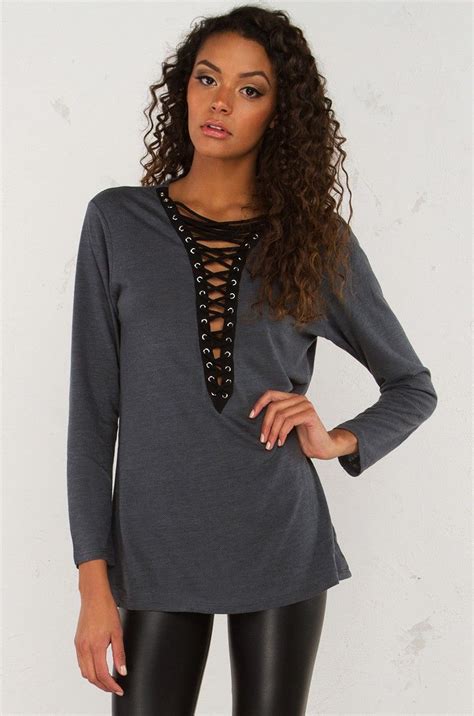 Front View Lace Up Long Sleeve Top In Charcoal Long Sleeve Tops Tops Lace Up