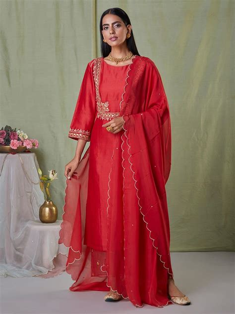 Buy Red Embroidered Chanderi Silk Suit With Tissue Organza Scalloped