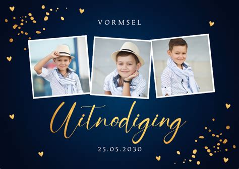 Uitnodiging Vormsel Fotocollage Blauw Goudlook Kaartje Go