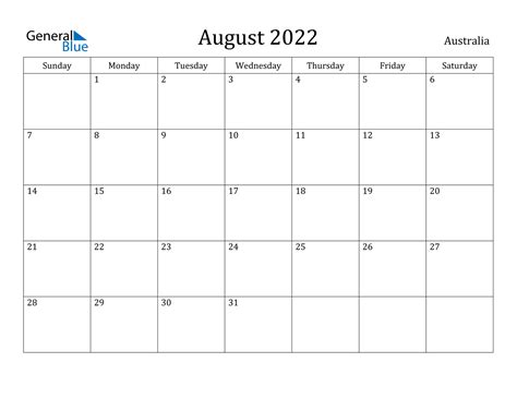 Australia August 2022 Calendar With Holidays