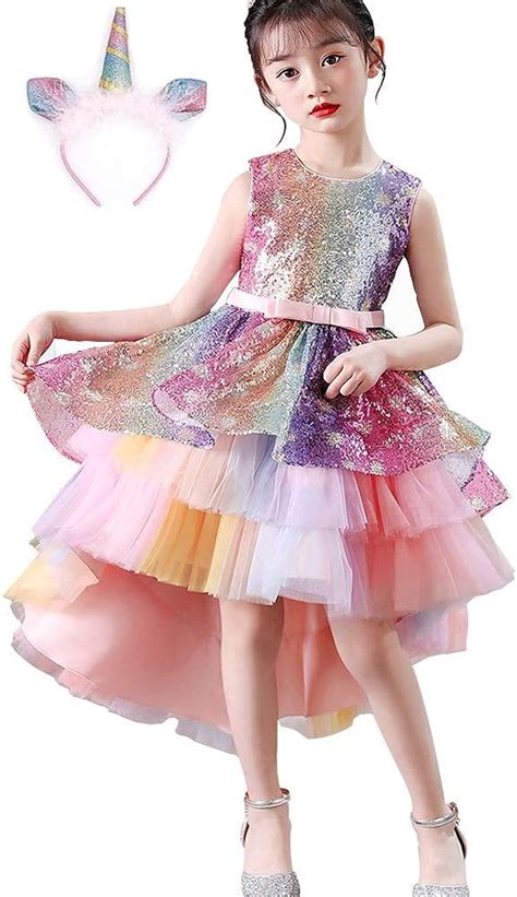 Girls Rainbow Sequins Dress Ball Gown Party Wedding Dresses Princess