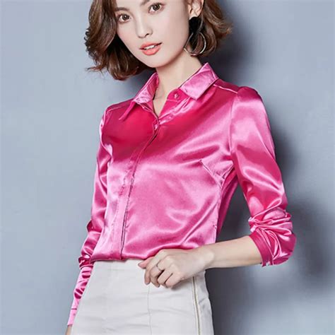 2017 Autumn Glossy Slip Satin Shirts Women Long Sleeve Shiny Satin Blouses Women Work Wear