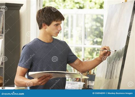 Teenage Boy Working On Painting In Studio Stock Image Image Of Person